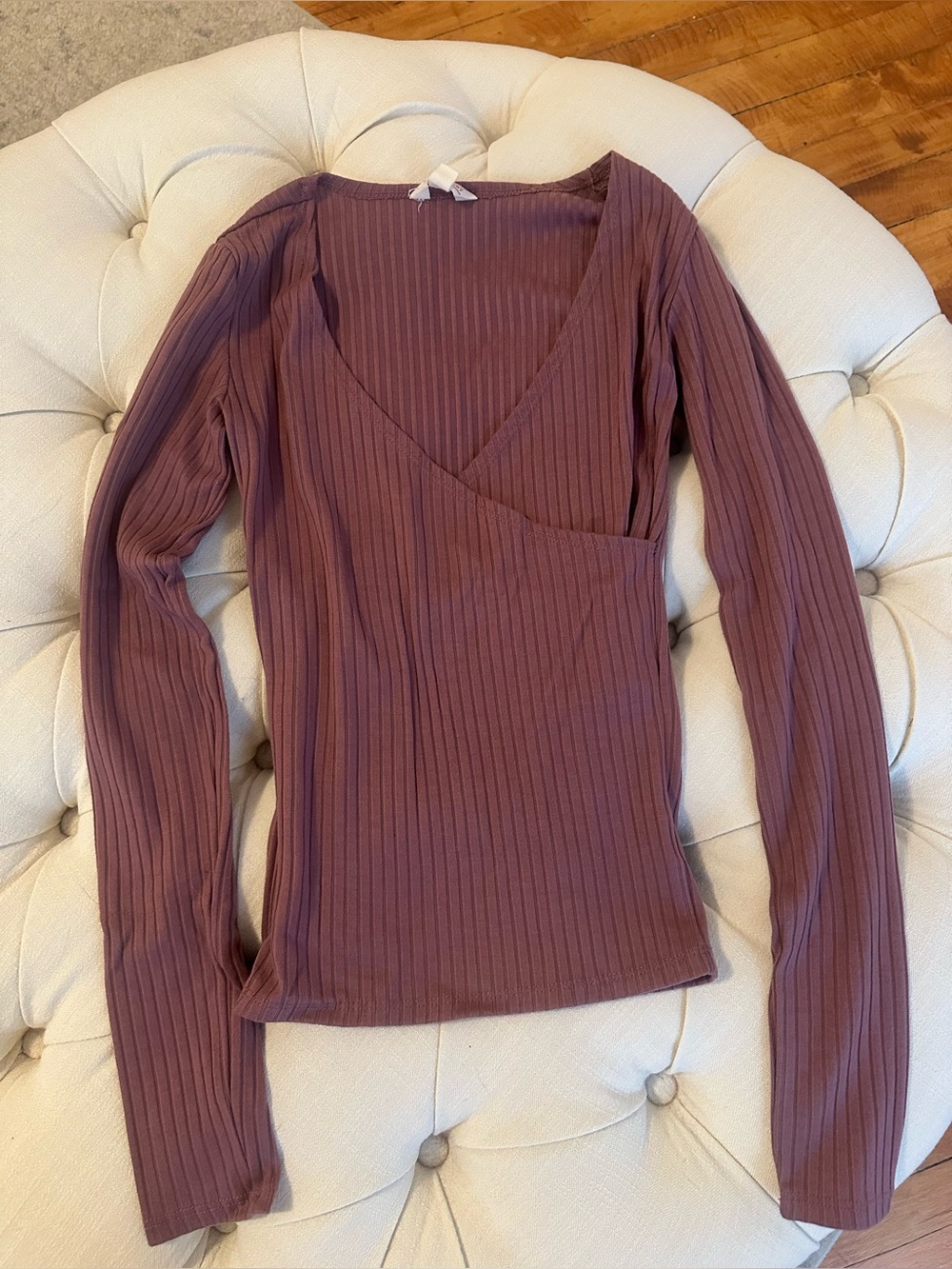 Cape Juby Ribbed Wrap-Front Long Sleeve Top - Mauve